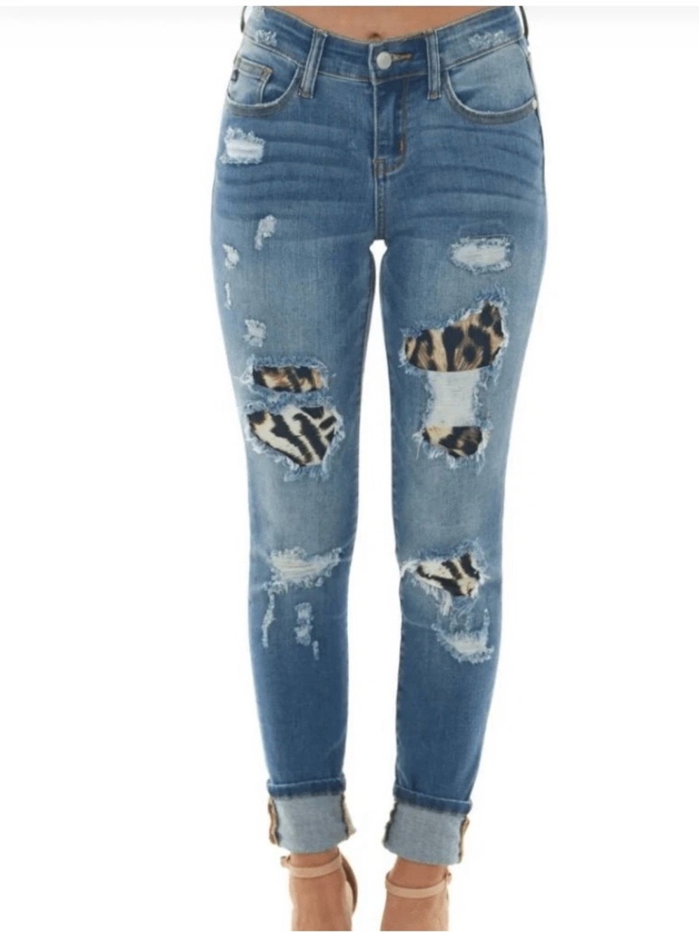 Judy Blue Medium Blue Distressed Skinny Jeans with Leopard Patch